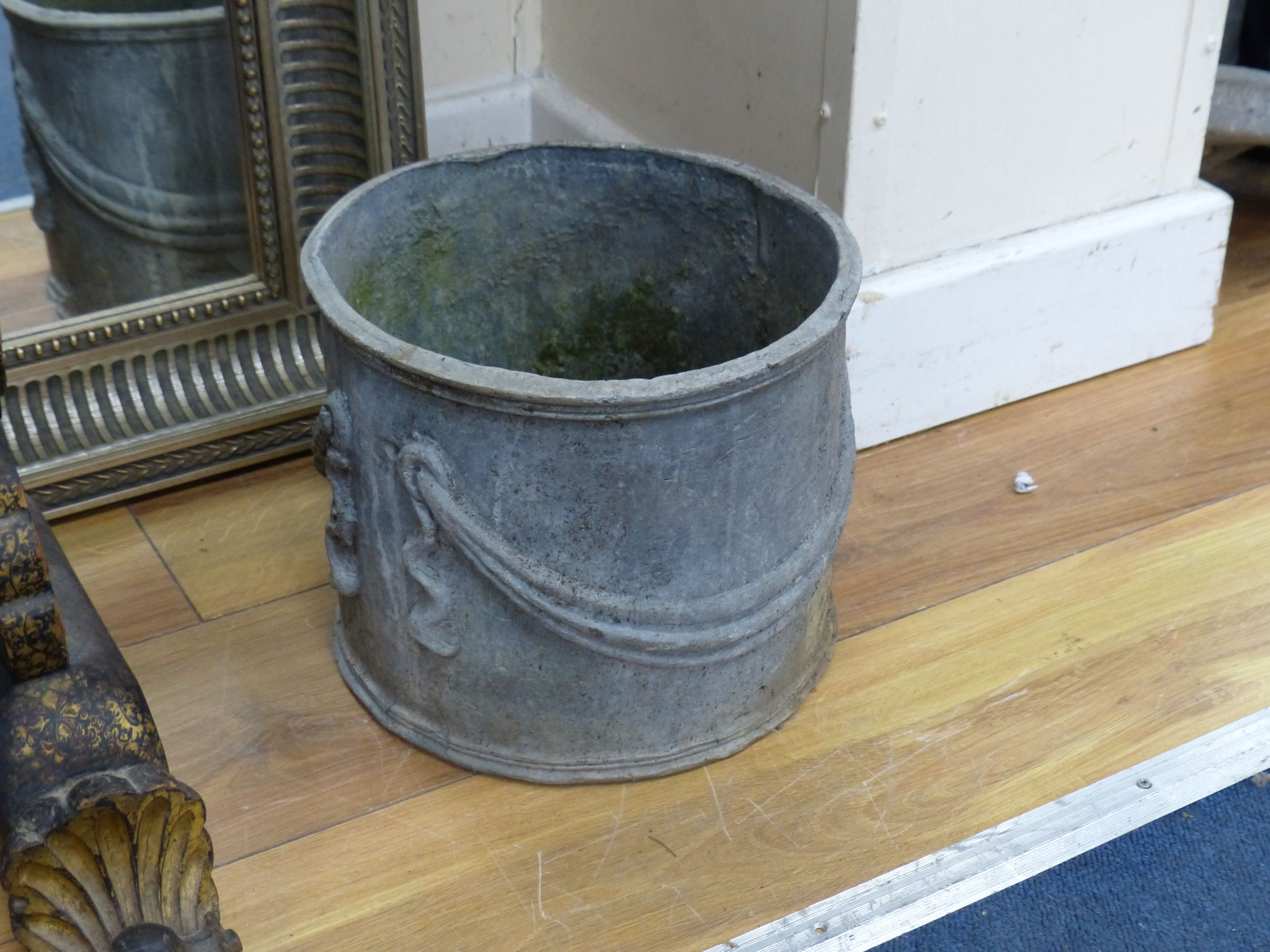 A pair of circular lead planters, diameter 23cm, height 20cm